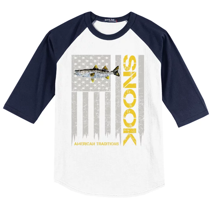 Snook Fisherman Vintage Style American Flag Snook Art Fish Baseball Sleeve Shirt