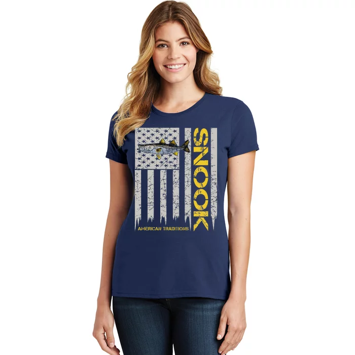 Snook Fisherman Vintage Style American Flag Snook Art Fish Women's T-Shirt