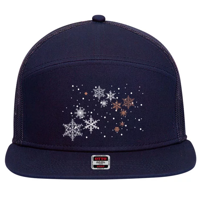 Snow Flakes White Rose Christmas Xmas Party Goer Gift Cool Gift 7 Panel Mesh Trucker Snapback Hat