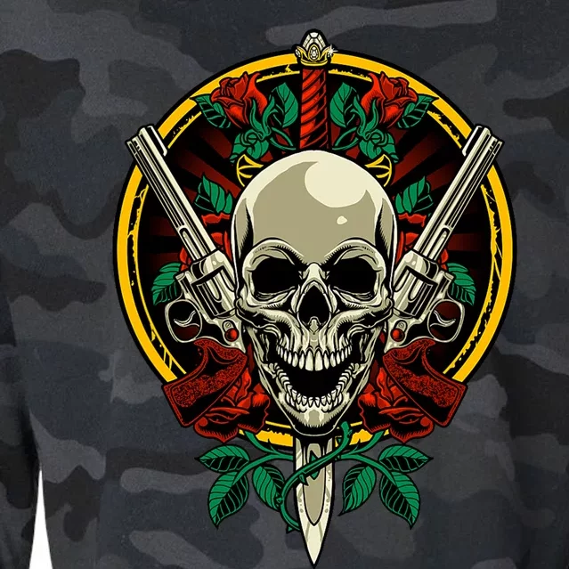 Skull Face With Roses 80s 90s Rock Music Guns And Skull Cropped Pullover Crew