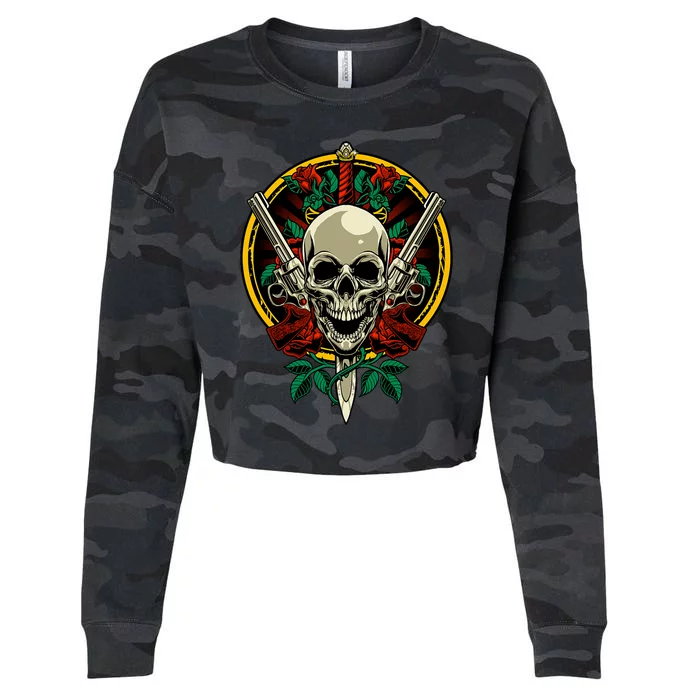 Skull Face With Roses 80s 90s Rock Music Guns And Skull Cropped Pullover Crew