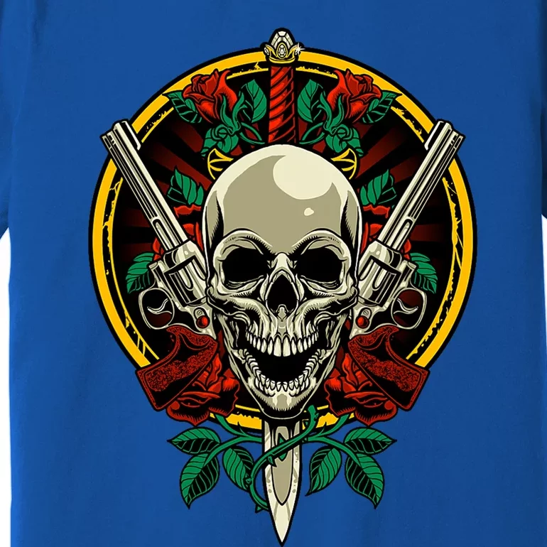 Skull Face With Roses 80s 90s Rock Music Guns And Skull Premium T-Shirt