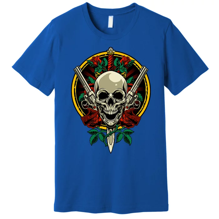 Skull Face With Roses 80s 90s Rock Music Guns And Skull Premium T-Shirt