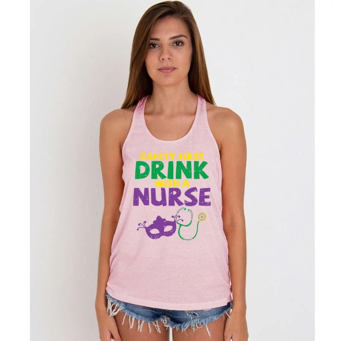 Safety First With A Nurse Medical Mardi Gras Carnival Meaningful Gift Women's Knotted Racerback Tank