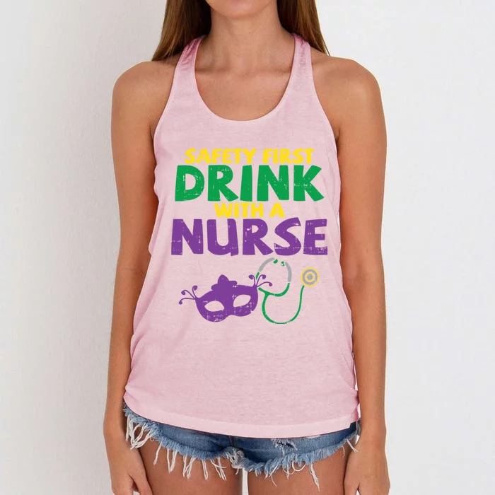 Safety First With A Nurse Medical Mardi Gras Carnival Meaningful Gift Women's Knotted Racerback Tank