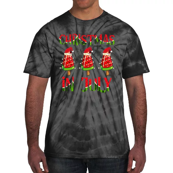 Summer Fun Watermelon Xmas Tree For Christmas In July Tie-Dye T-Shirt