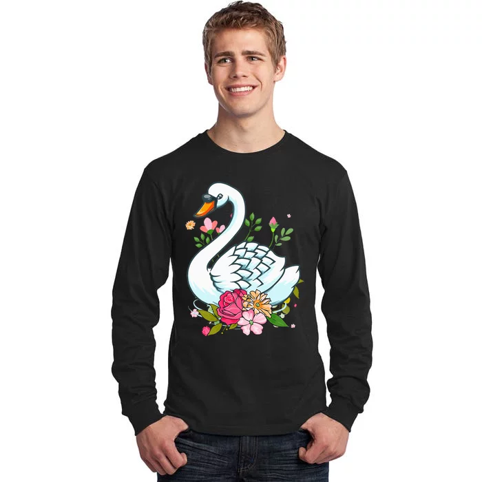 Swans Floral Waterfowl Bird Flower Tall Long Sleeve T-Shirt