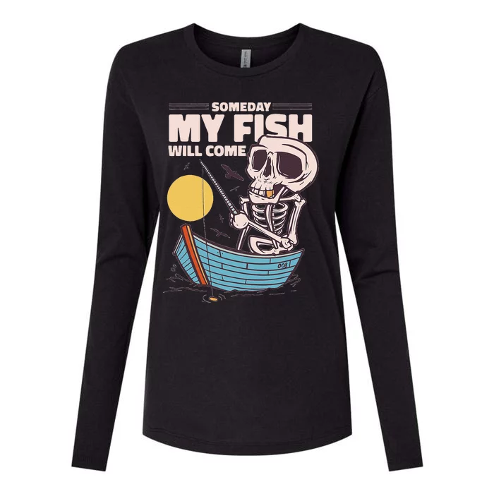 Someday Fish Will Come Funny Fishing Hobby Design Skeletton Womens Cotton Relaxed Long Sleeve T-Shirt