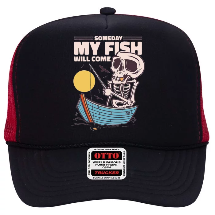 Someday Fish Will Come Funny Fishing Hobby Design Skeletton High Crown Mesh Trucker Hat