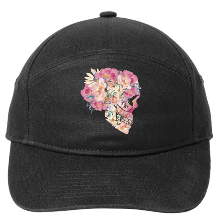 Skull Floral Watercolor Art 7-Panel Snapback Hat