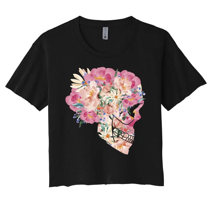 Skull Floral Watercolor Art Women's Crop Top Tee