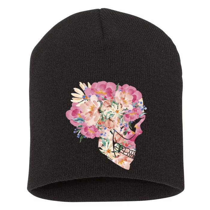 Skull Floral Watercolor Art Short Acrylic Beanie