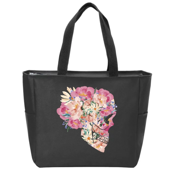 Skull Floral Watercolor Art Zip Tote Bag