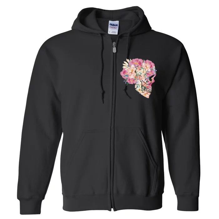 Skull Floral Watercolor Art Full Zip Hoodie