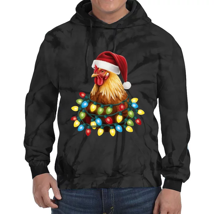 Santa Funny Xmas Tree Chicken Hilarious Christmas Tie Dye Hoodie