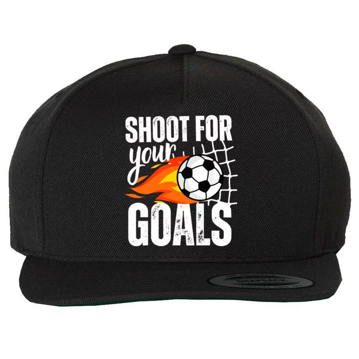 Shoot For Your Goals Soccer Boy Saying Distressed Graphic Wool Snapback Cap