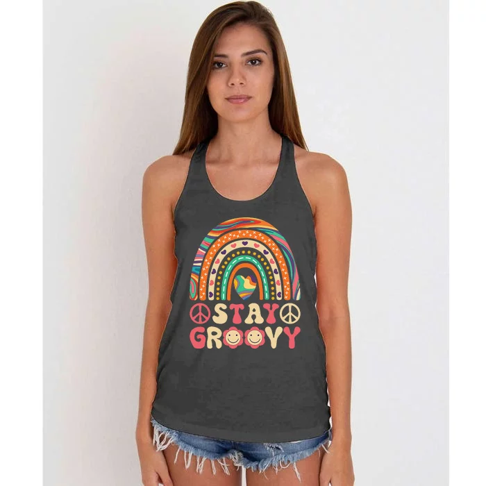 Stay Groovy 60s Outfit 70s Theme Costume Cute Rainbow Hippie Women's Knotted Racerback Tank