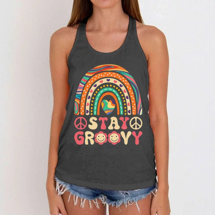 Stay Groovy 60s Outfit 70s Theme Costume Cute Rainbow Hippie Women's Knotted Racerback Tank