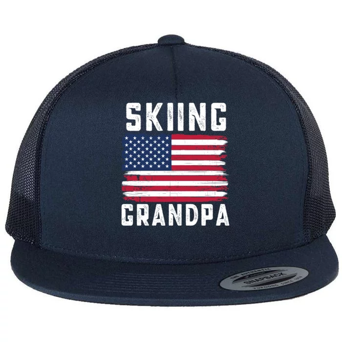 Skiing Grandpa American Flag July 4th Gift Flat Bill Trucker Hat