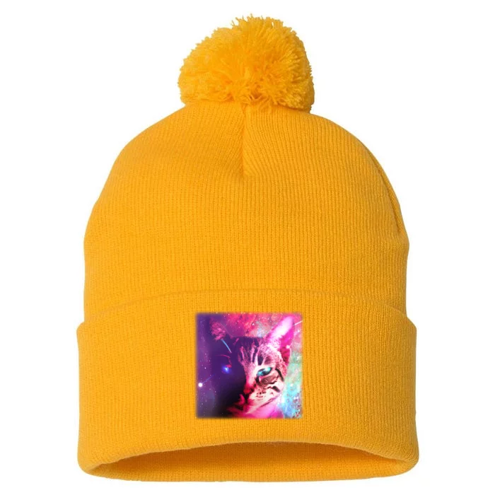 Spacy Galaxy Alien Cat Pom Pom 12in Knit Beanie