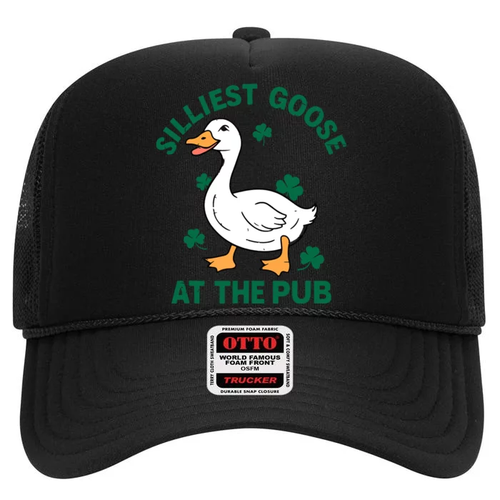 Silliest Goose At The Pub Whimsical Laughter Shamrock Irish High Crown Mesh Trucker Hat