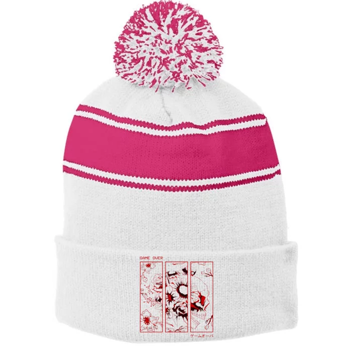 Soft Grunge Aesthetic Skull And Roses Japanese Game Over Stripe Pom Pom Beanie