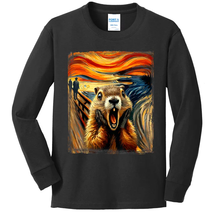 Scream Groundhog | Artistic Groundhog Day Kids Long Sleeve Shirt