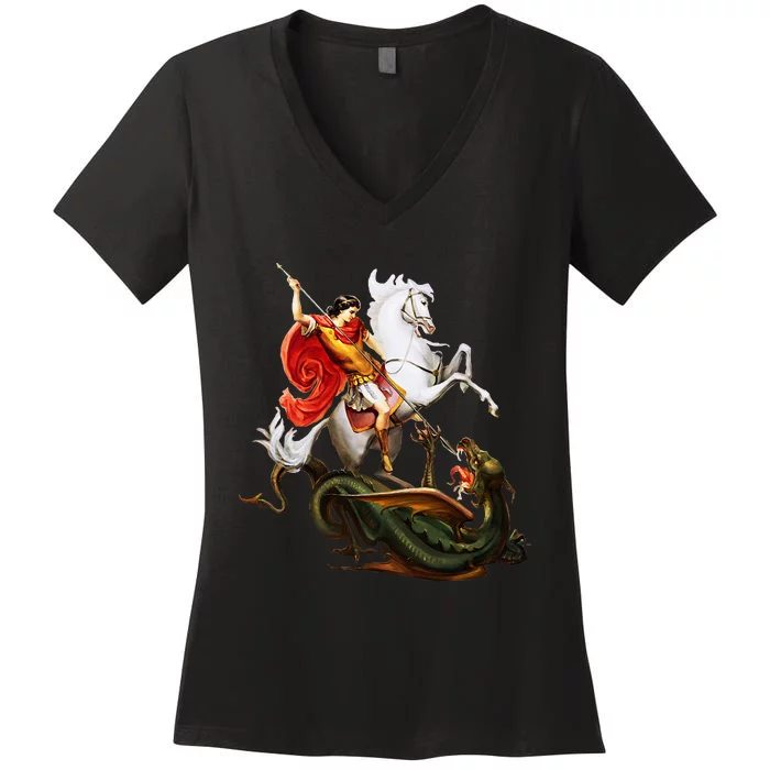 St. George And The Dragon England Catholic Saints Pray Women's V-Neck T-Shirt