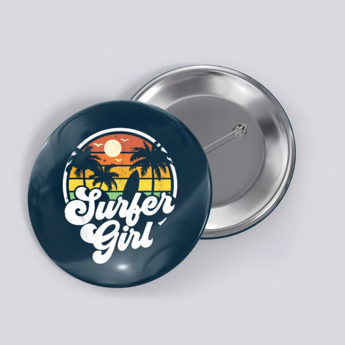 Surfer Girl Beach Retro 70s Summer Surfing Vacation Gift Button