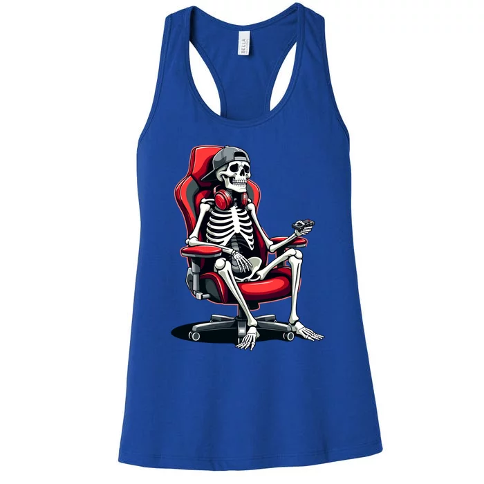 Skeleton Gamer Cool Halloween Video Gaming Chair Headset Gift Women's Racerback Tank