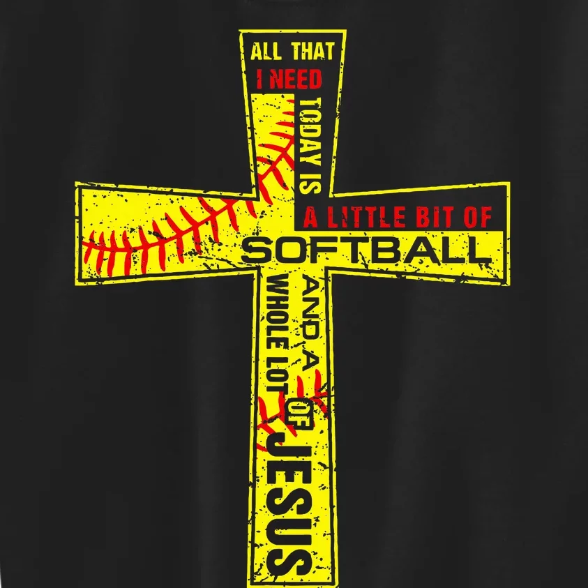 Softball Girl Christian Cross Faith I Need Softball & Jesus Kids Sweatshirt