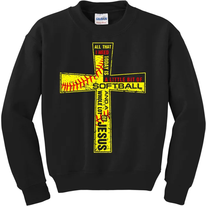 Softball Girl Christian Cross Faith I Need Softball & Jesus Kids Sweatshirt