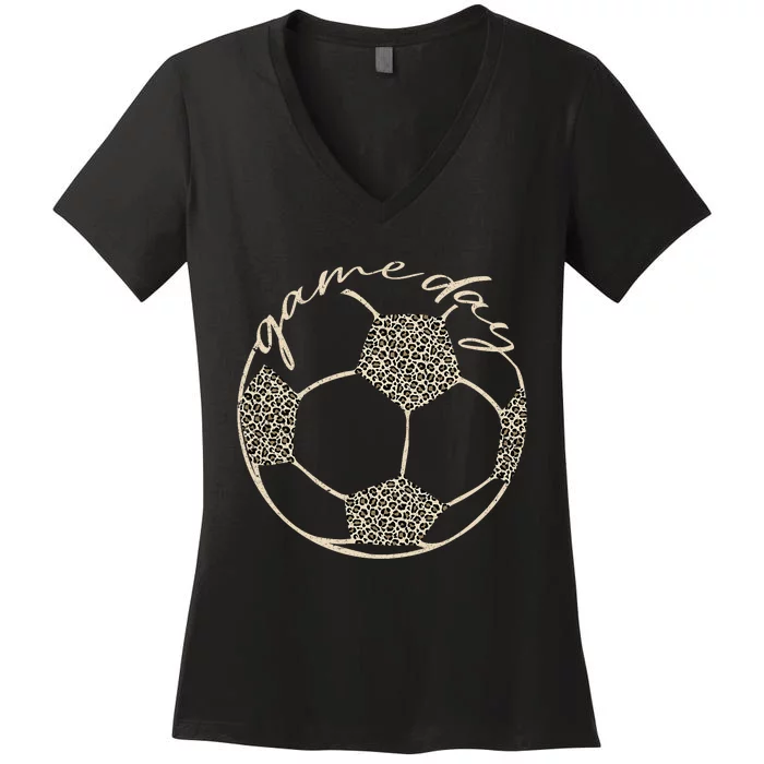 Soccer Game Day Women Leopard Cheetah Print Soccer Fan Women's V-Neck T-Shirt