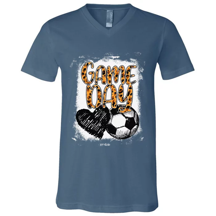 Soccer Game Day Women Leopard Cheetah Print Soccer Fan V-Neck T-Shirt