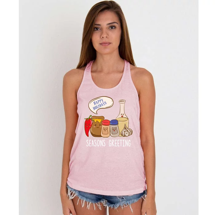 Seasons Greetings Funny Christmas Humor Holiday Food Pun Gift Women's Knotted Racerback Tank