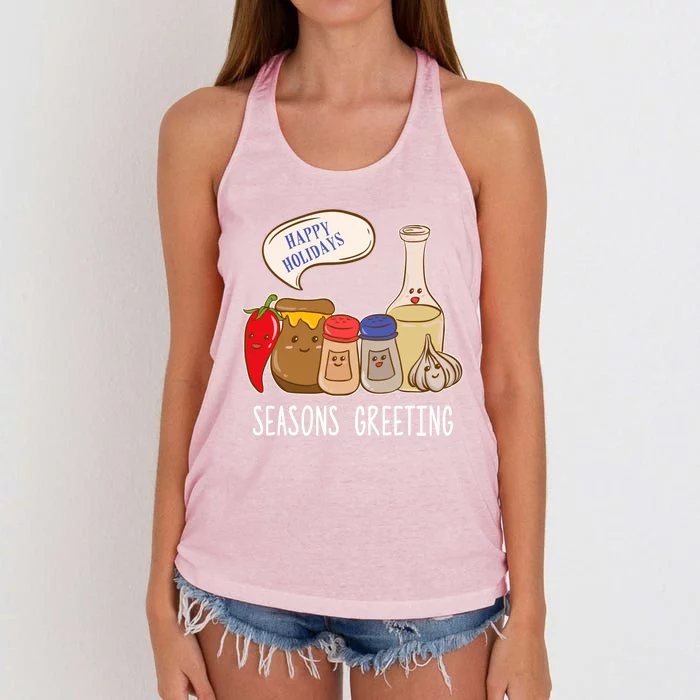 Seasons Greetings Funny Christmas Humor Holiday Food Pun Gift Women's Knotted Racerback Tank