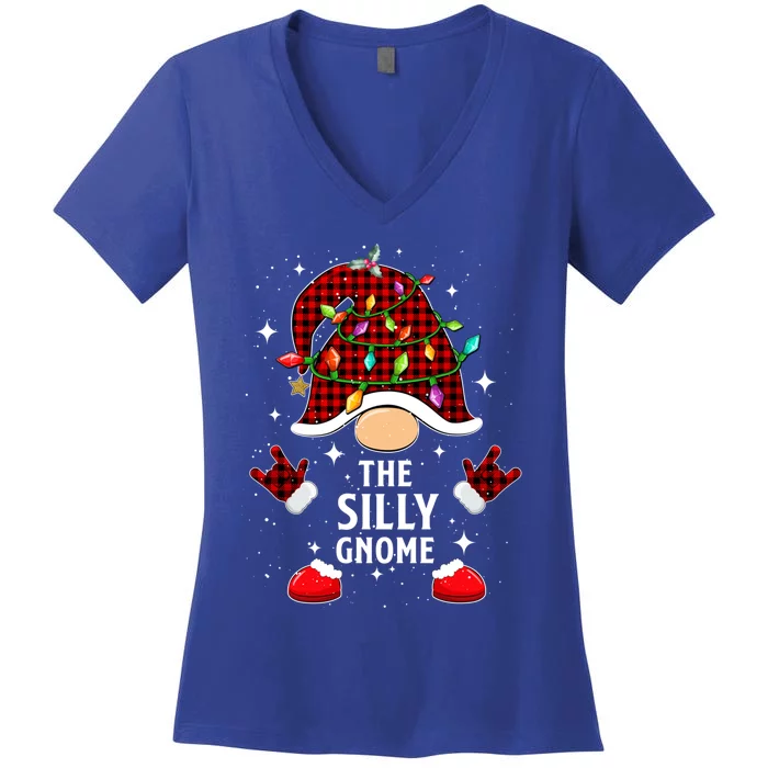 Silly Gnome Family Buffalo Plaid Christmas Light Pajama Gift Women's V-Neck T-Shirt