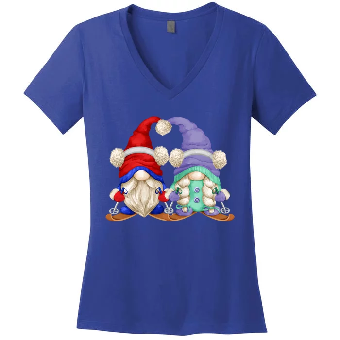 Skiing Gnomes For Grandma And Grandpa Funny Ski Mom And Dad Gift Women's V-Neck T-Shirt