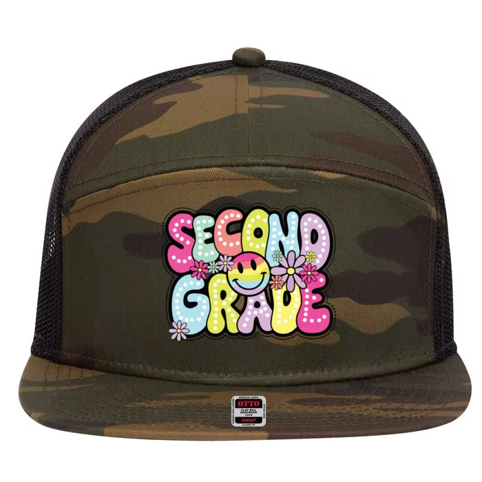 Second Grade Groovy Happy First Day Of School Bright Dots 7 Panel Mesh Trucker Snapback Hat