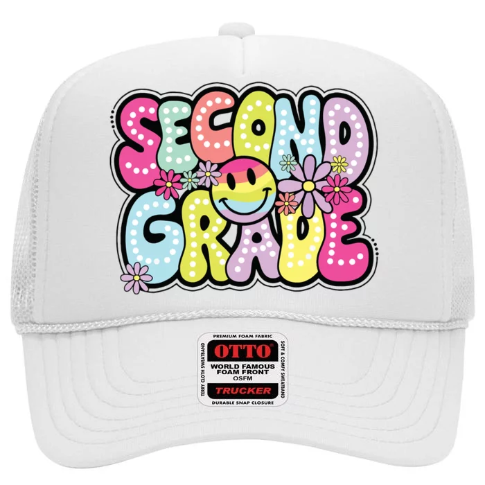 Second Grade Groovy Happy First Day Of School Bright Dots High Crown Mesh Trucker Hat