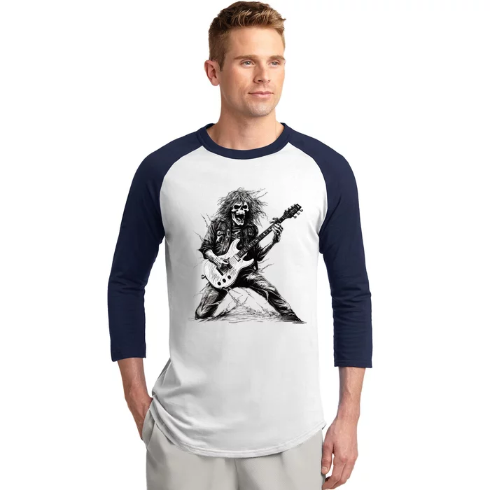 Skeleton Guitar Guy Rock And Roll Band Rock On Baseball Sleeve Shirt