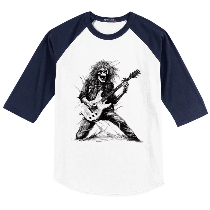 Skeleton Guitar Guy Rock And Roll Band Rock On Baseball Sleeve Shirt