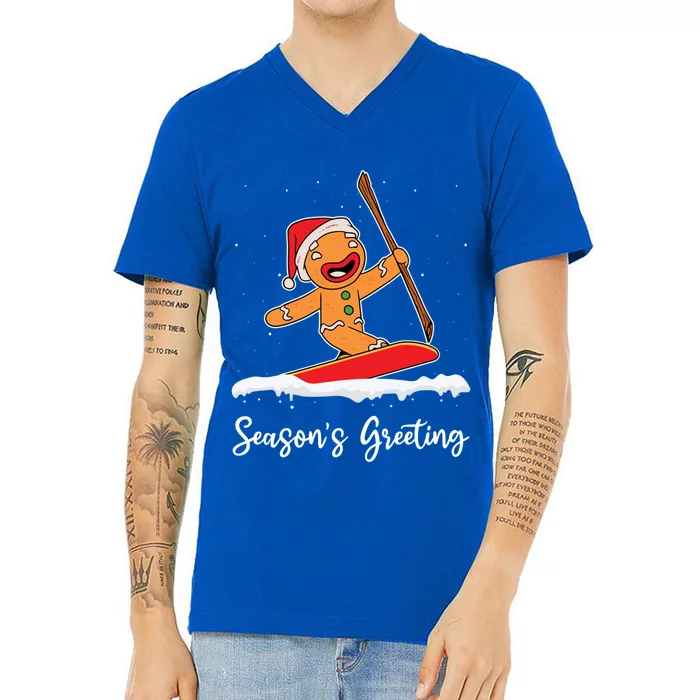 Season's Greetings Gingerbread Snowboarding Boarder Gift V-Neck T-Shirt