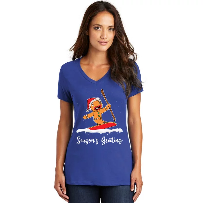 Season's Greetings Gingerbread Snowboarding Boarder Gift Women's V-Neck T-Shirt