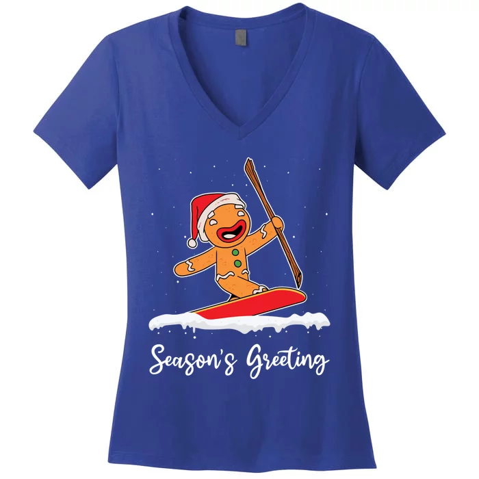 Season's Greetings Gingerbread Snowboarding Boarder Gift Women's V-Neck T-Shirt