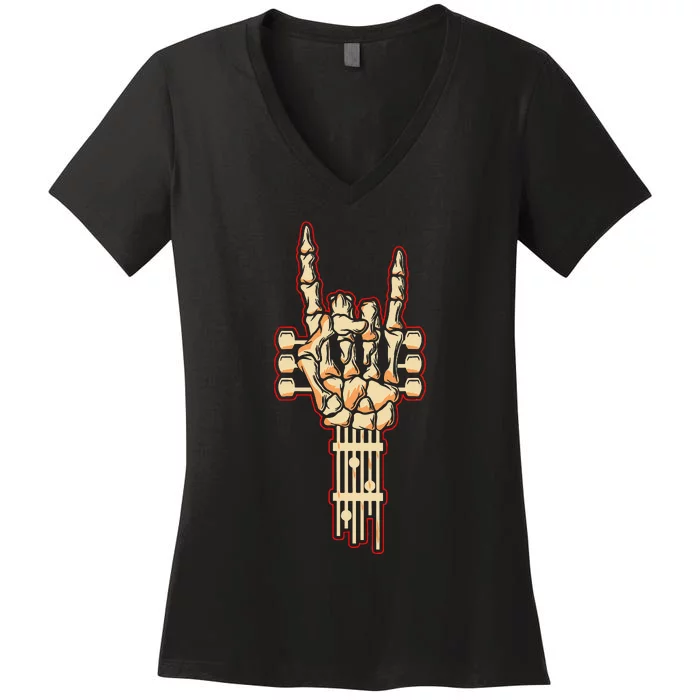 Skeleton Guitar Gifts Rock And Roll Skeleton Hand Sign Women's V-Neck T-Shirt