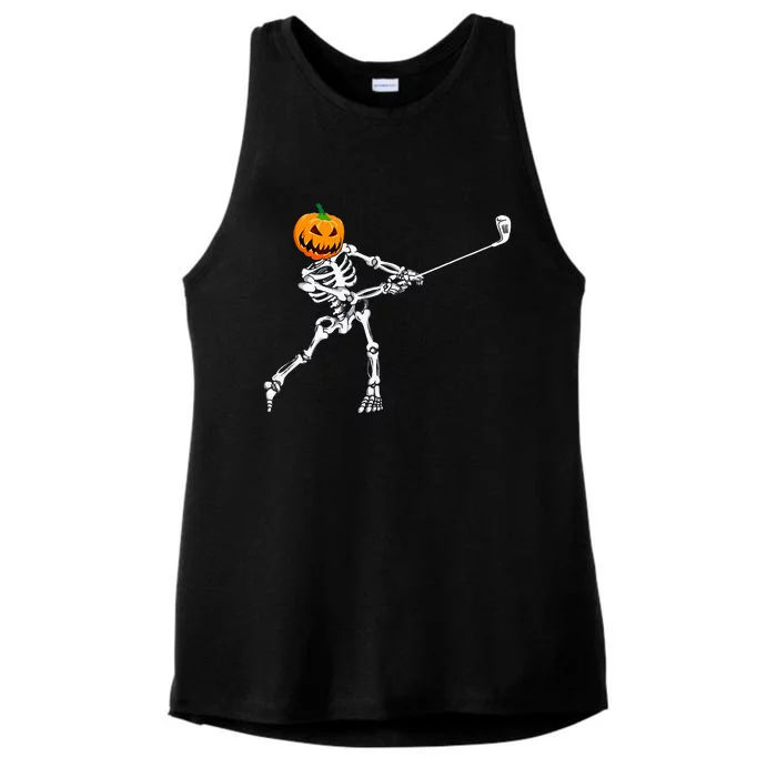 Skeleton Golf Halloween Pumpkin Golfing Golfer Ladies Tri-Blend Wicking Tank