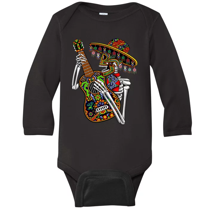 Sombrero Guitar Huichol Sugar Skull Calavera Mexico Mariachi Baby Long Sleeve Bodysuit