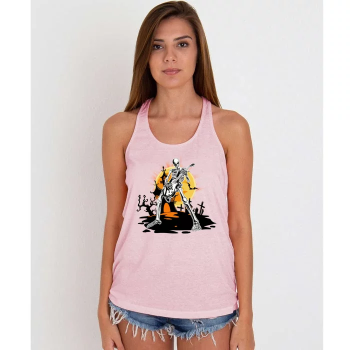 Skeleton Guitar Halloween Spooky Women's Knotted Racerback Tank