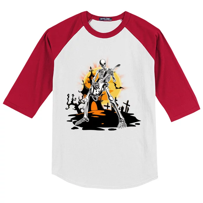 Skeleton Guitar Halloween Spooky Kids Colorblock Raglan Jersey